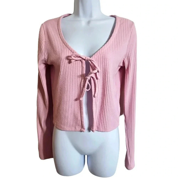 Hollister Medium Pink Tie Front Ribbed Crop Cardigan Y2K Preppy Boho Sweater - Picture 2 of 7